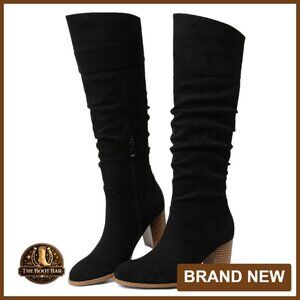 Suede Knee-High Boots Chunky Heel Slouch Western Side Zipper